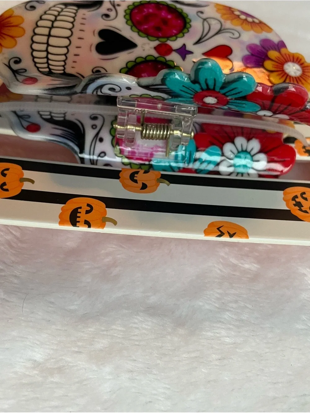 Piper K Colorful Sugar Skull Hair Clip White with Multicolor Floral Accents